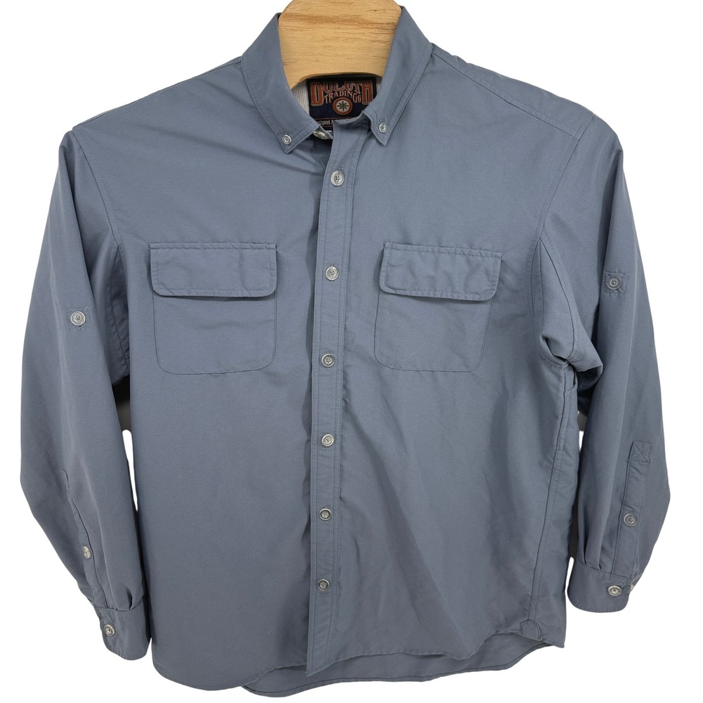 Duluth Trading Co Mens Large Blue Gray Ripstop Long Sleeve Ventilated Work Shirt